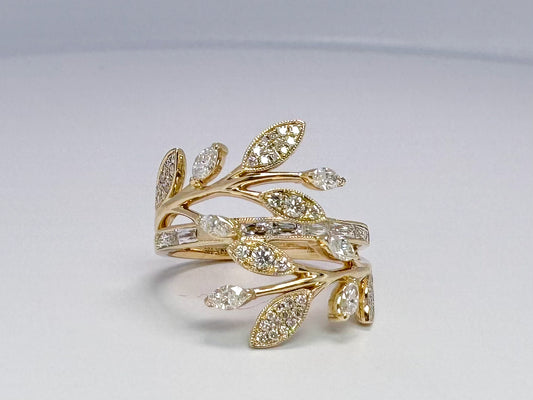 14k, custom diamond leaf, vine fashion ring