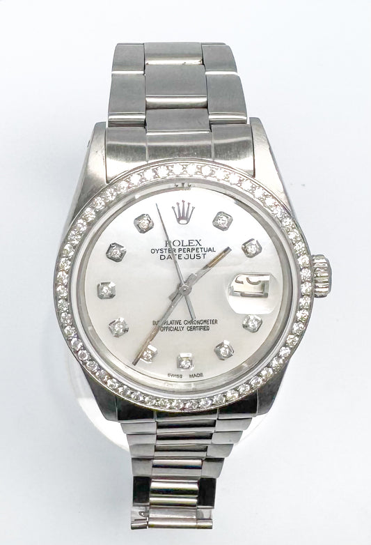 36mm Rolex Datejust, stainless steel , silver mother of pearl, diamond dial & bezel watch. Model #16014