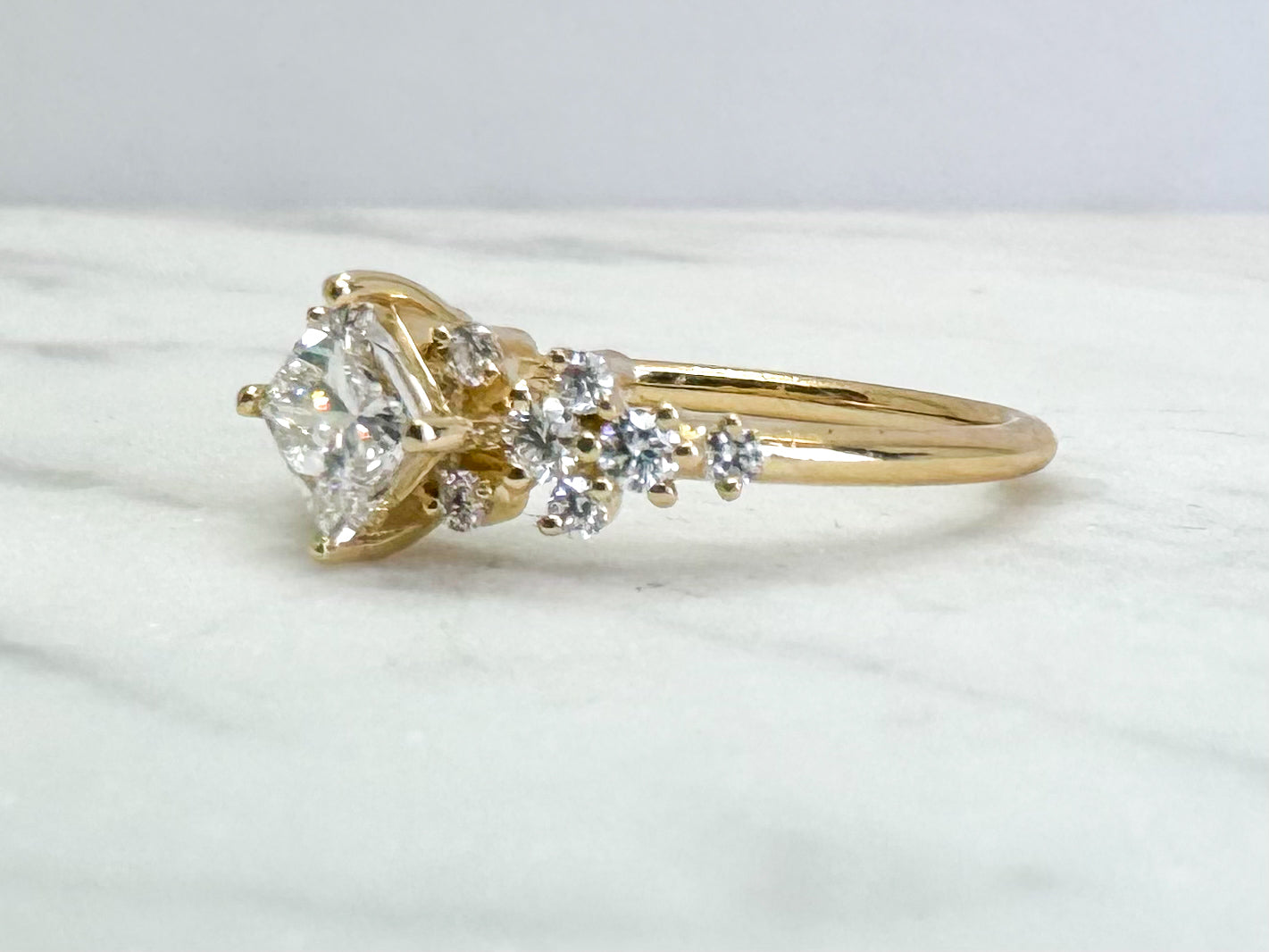 14k yellow gold, princess cut diamond engagement ring.