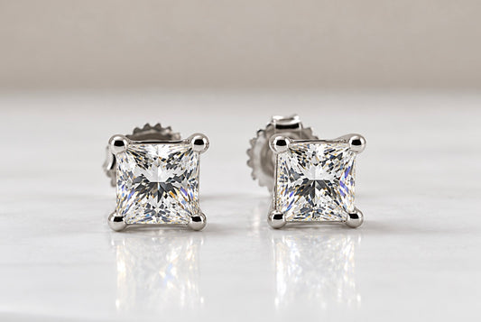 14KW 2.00 carat total weight, princess cut diamond stud earrings.
