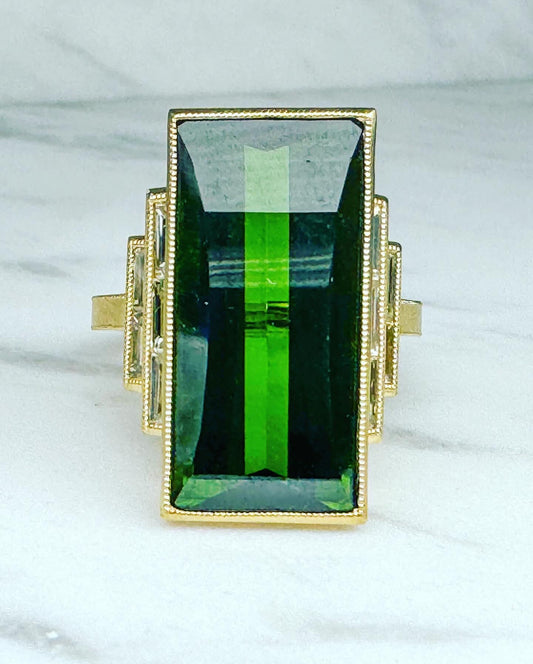 18k, Art Deco custom tourmaline and diamond fashion ring.