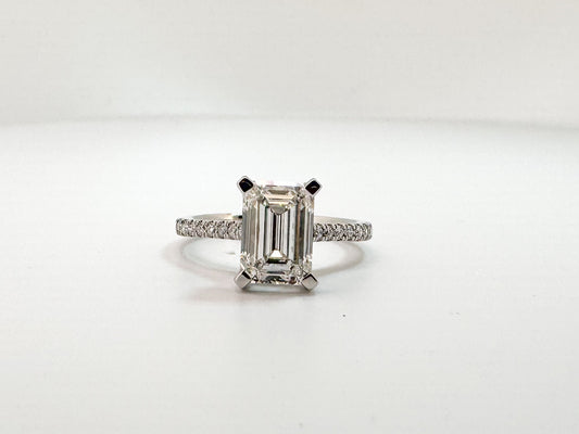 14K, White gold, 2.56 ct lab grown emerald cut set with .30 side diamond IGI certified