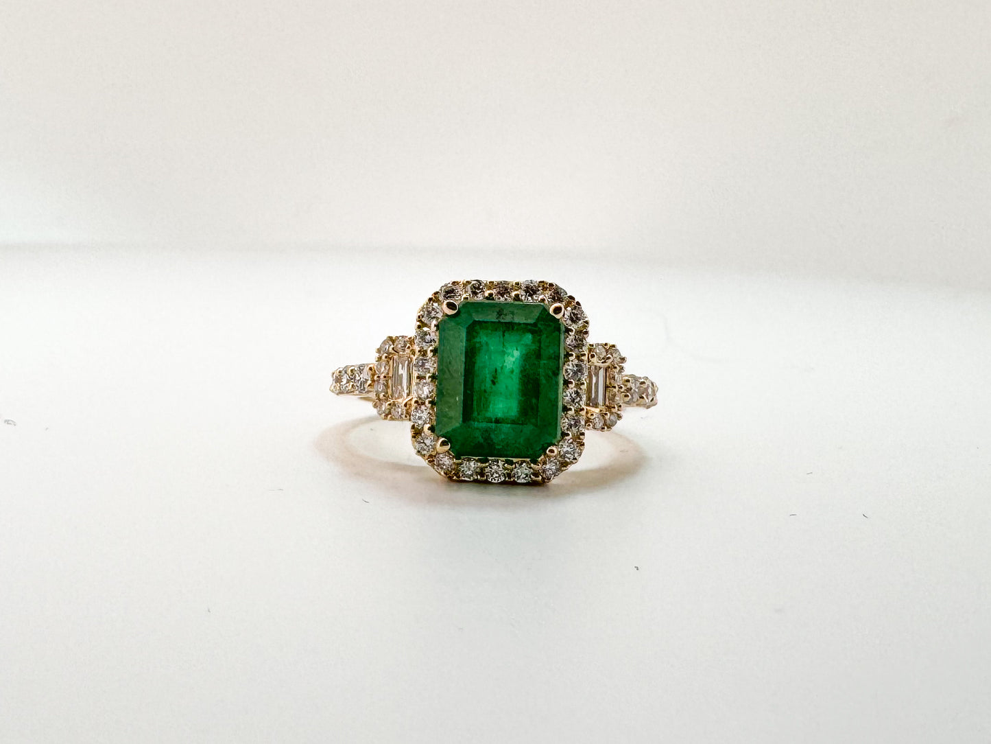 14K, yellow gold, 2.15 carat natural emerald and diamond fashion ring.