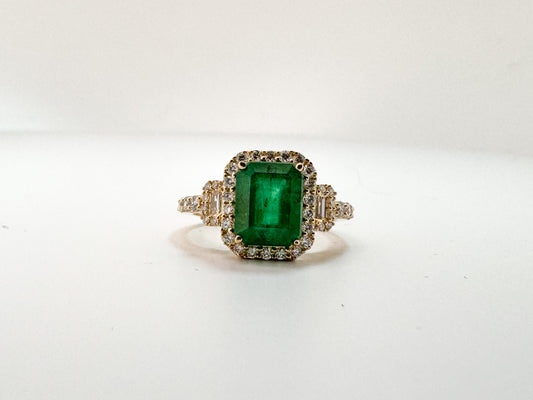 14K, yellow gold, 2.15 carat natural emerald and diamond fashion ring.