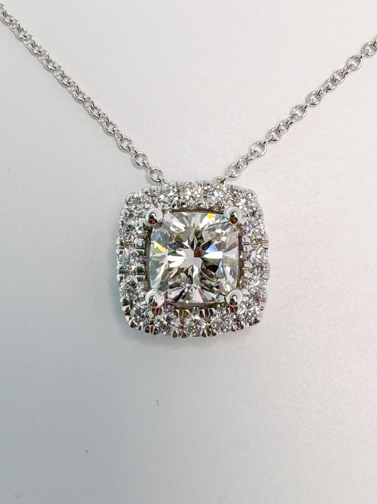 14k, white gold, lab grown cushion cut, halo pendant. 1.80 diamond total weight