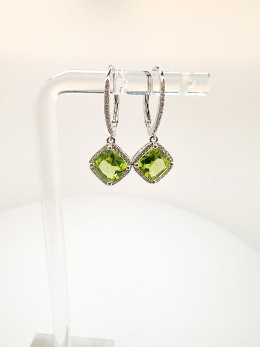 14K, White gold, peridot and diamond dangle earrings.