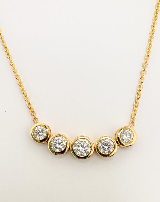 14K, Yellow gold bezel set, lab grown diamond necklace. 1.00 carat total weight.