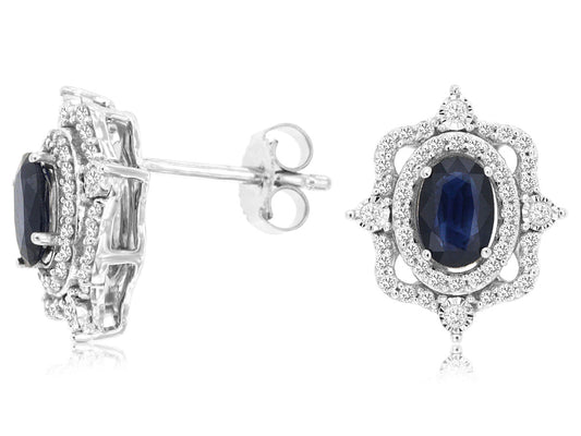 14k, White Gold, 1.30 carat Sapphire, .39 carat total weight,  Sapphire & Diamond Earrings