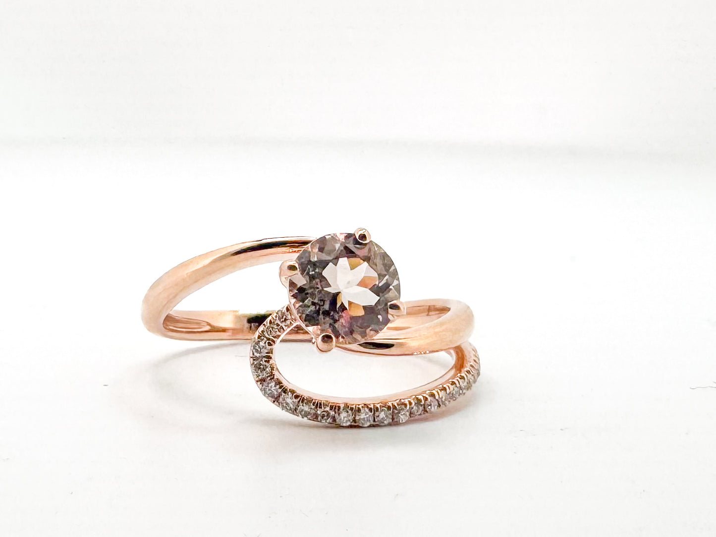 14K, rose gold, Morganite and diamond fashion ring.
