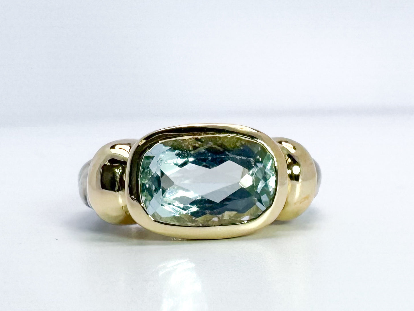 14K two tone, Aquamarine and diamond fashion ring