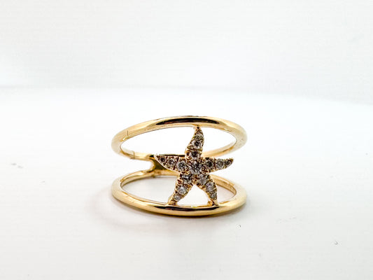 14k, yellow gold, natural diamond star fish fashion ring
