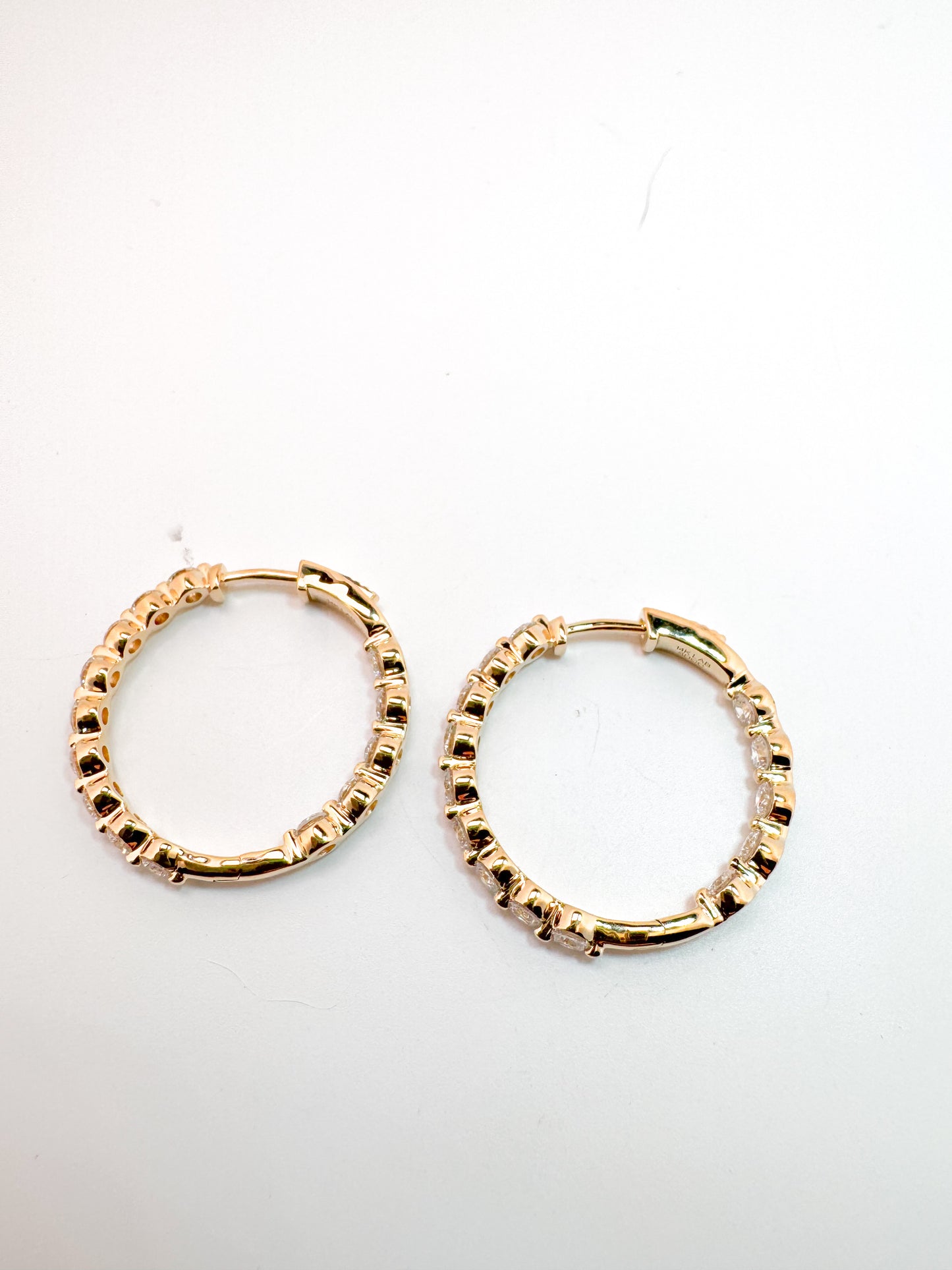 14K, Yellow gold, inside out, lab grownb diamond hoop earrinbgs. 2.00 carat total weiht.