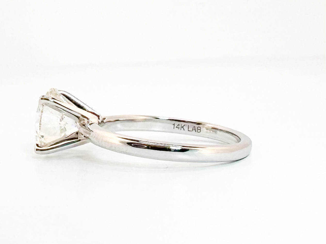 14K, white gold, 2.03 lab grown round brilliant, VS1 G solitaire engagement ring