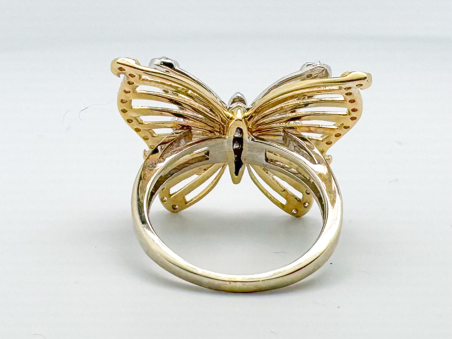 14k two tone, double butterfly diamond ring
