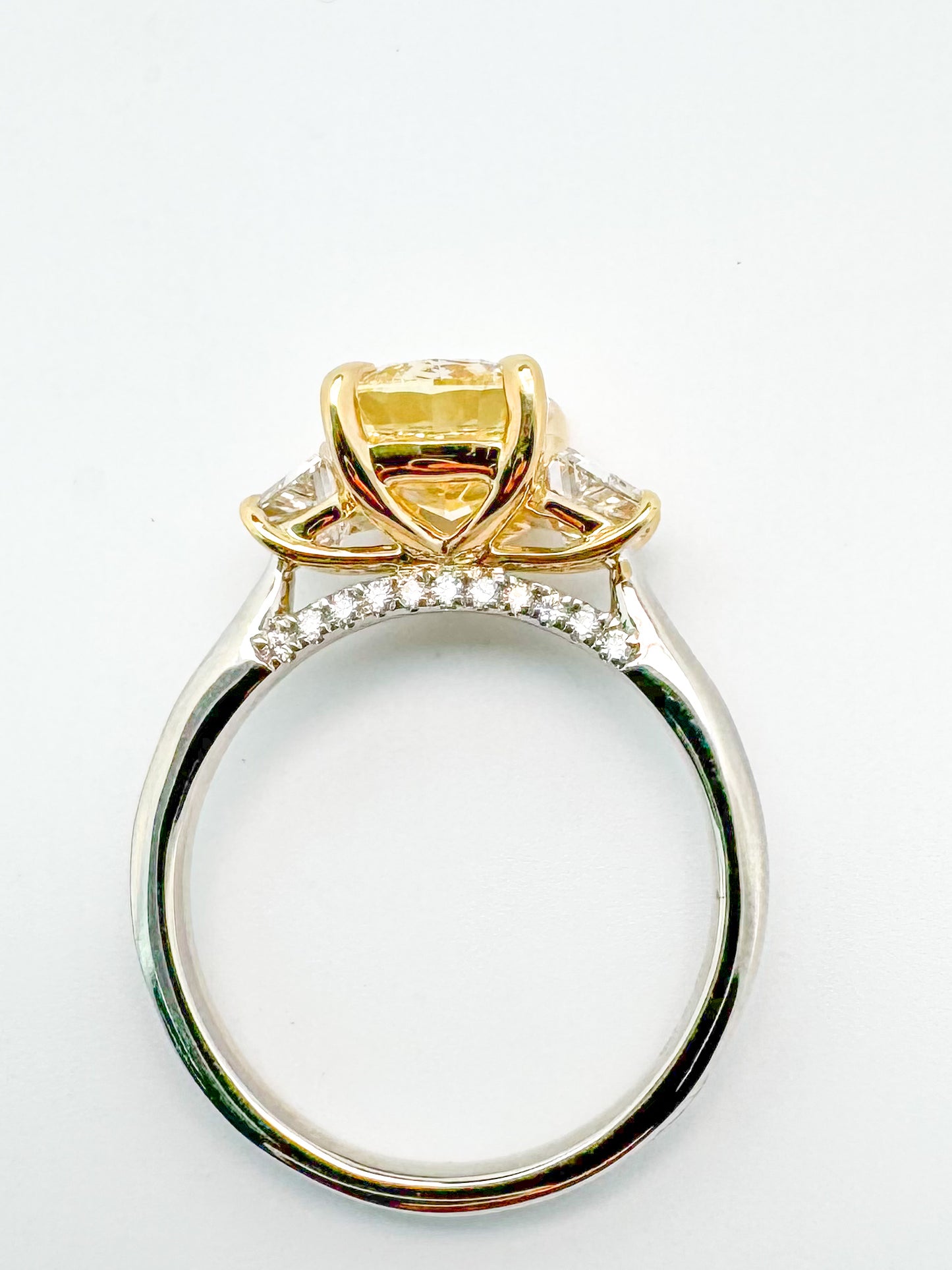 14k two tone 3.01 VS2 Fancy intense  yellow lab grown diamond engagement ring set with .85 side diamonds