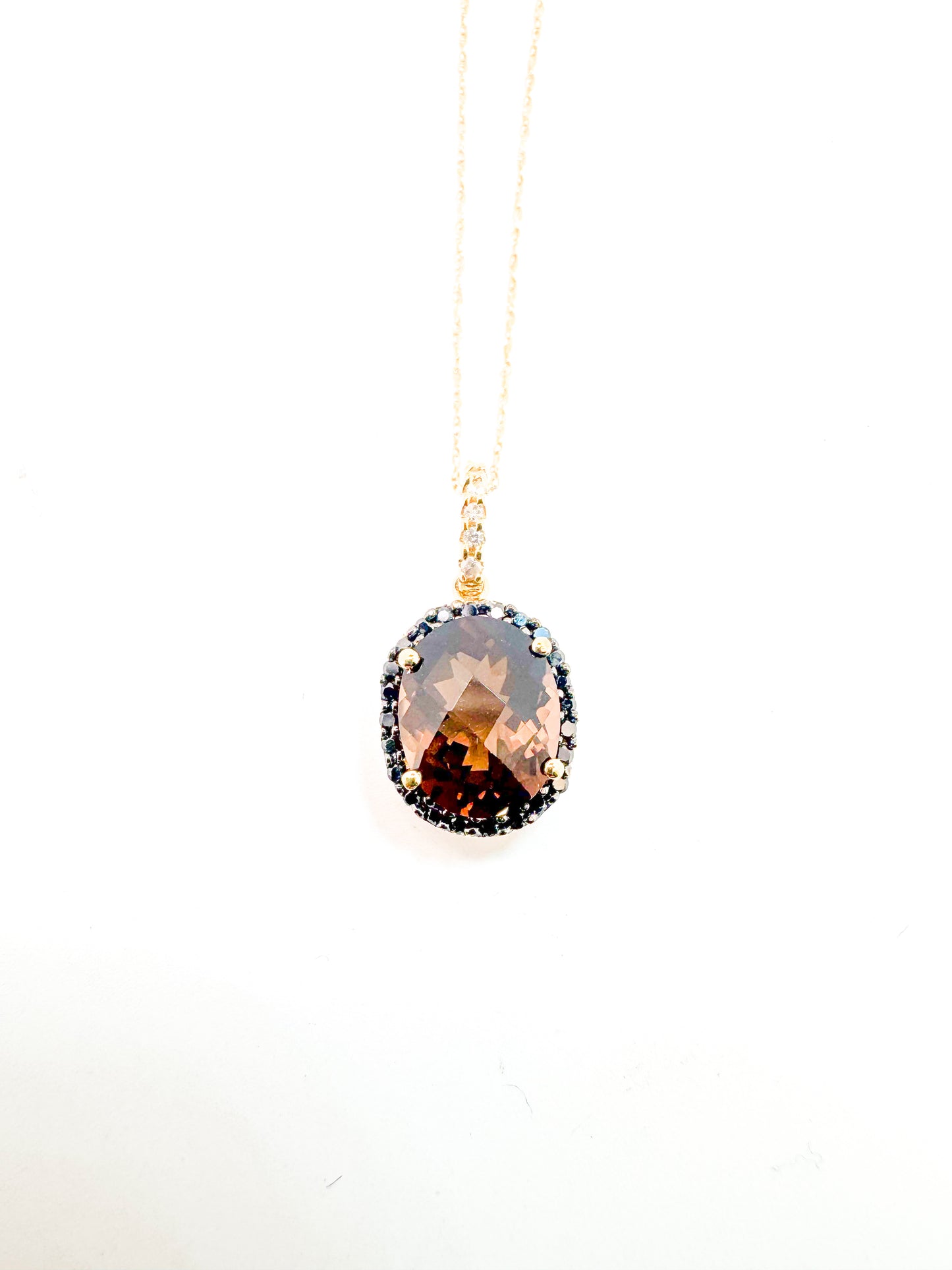 14K Yellow gold, smokey quartz and diamond pendant.