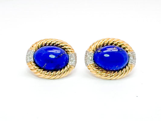 14k, yellow gold, Lapis Lazuli earrings set with .12 dtw side diamonds.