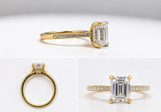 14K, yellow gold, 2.07 carat, lab grown emerald cut set with .20 carats of side diamonds. IGI certified