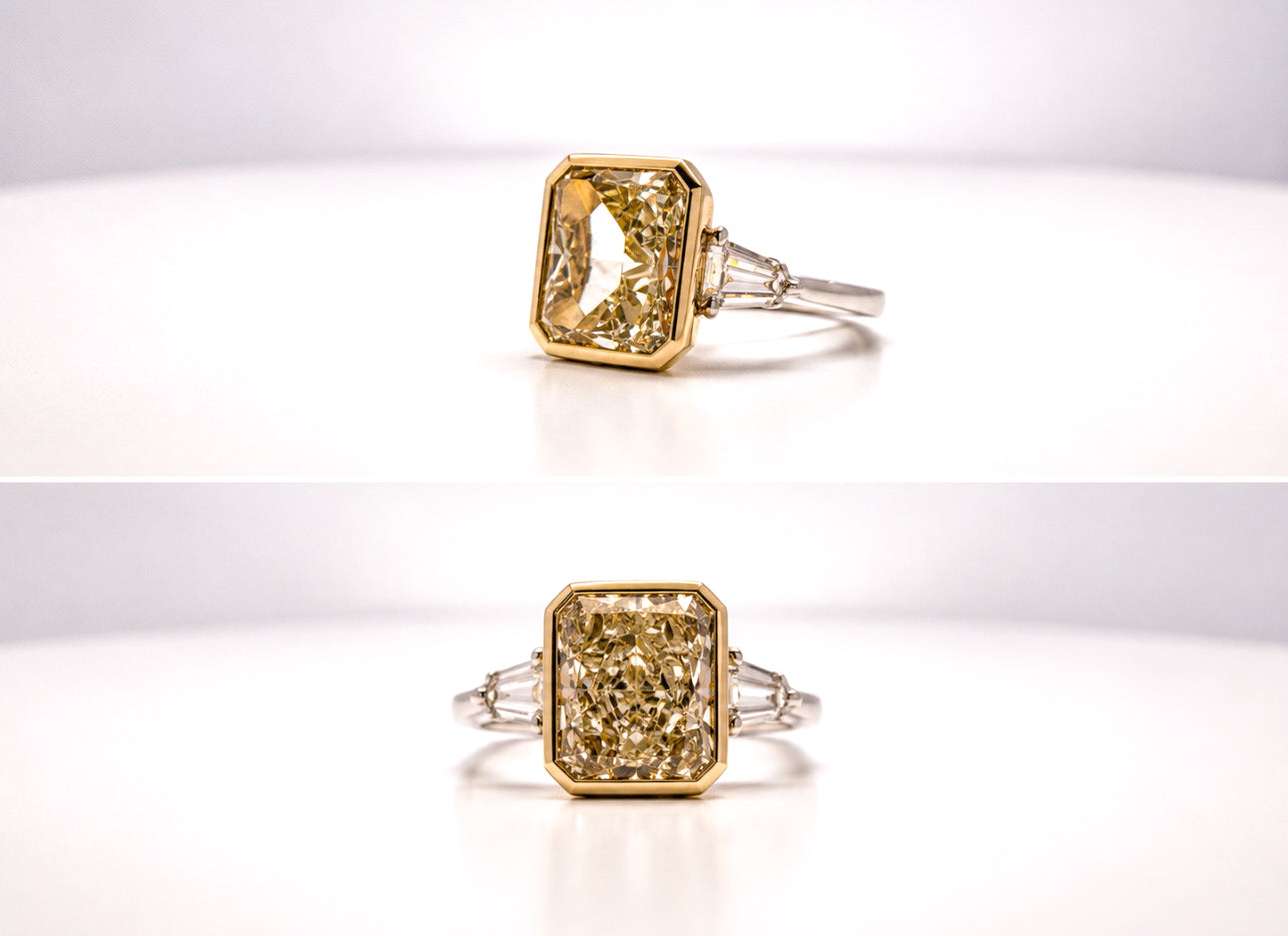 Platinum/18k, yellow gold, 5.03 SI1 Fancy light yellow set with .55 carat total weight of side diamonds.