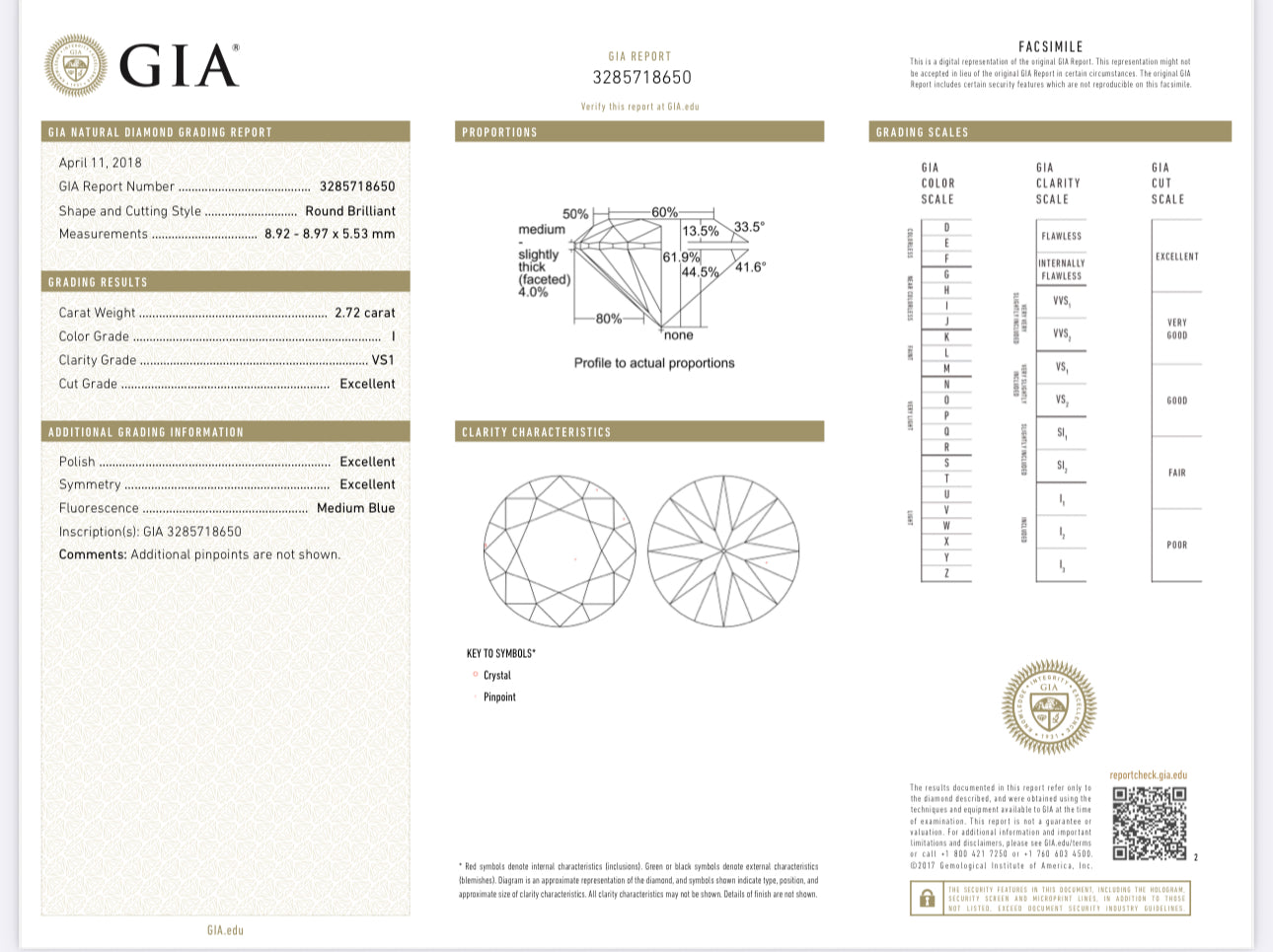 14KW 2.72 carat, Ideal cut round brilliant, natural diamond. VS1 I GIA certified