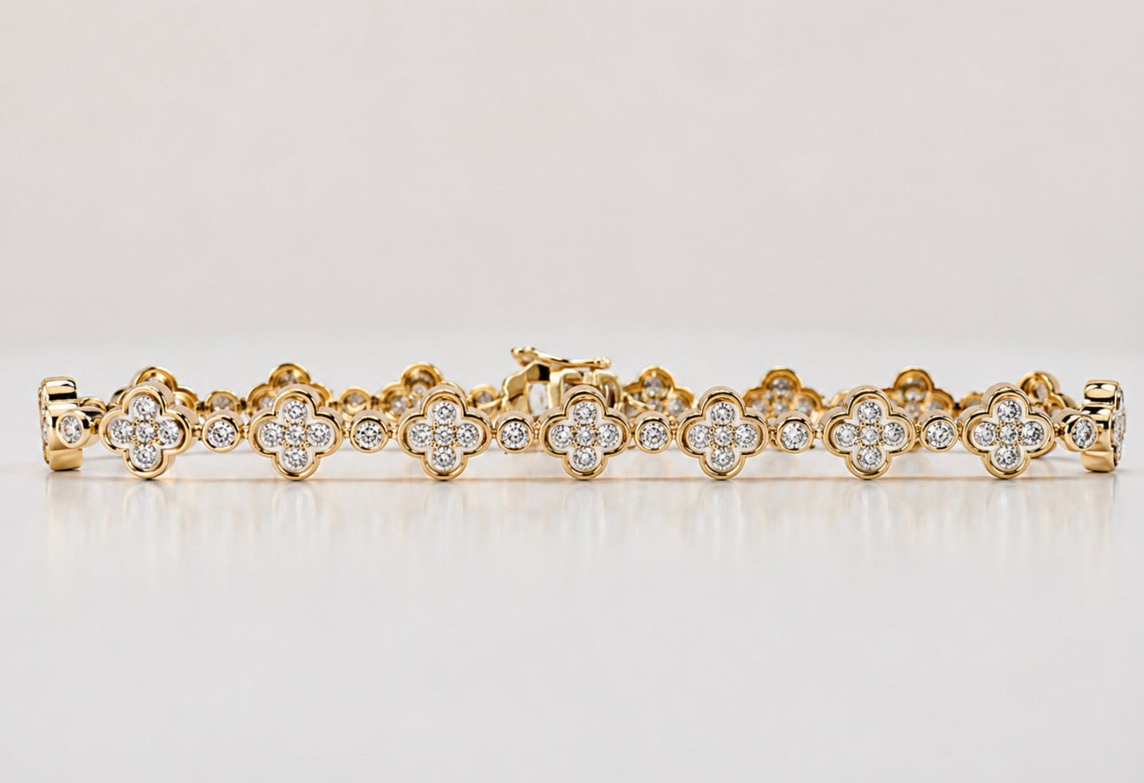 14K, white and yellow gold, 2.50 carat, natural diamond, Alahambra tennis bracelet.