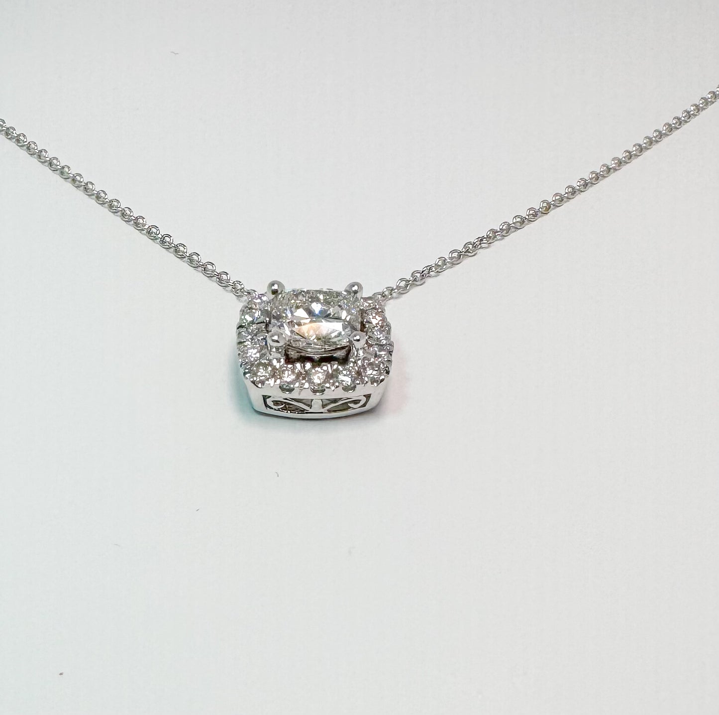 14k, white gold, lab grown cushion cut, halo pendant. 1.80 diamond total weight