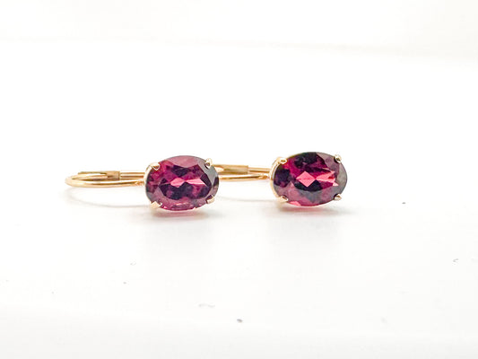14KY 2.00 carat total weight, lever back rhodalite garnet earrings