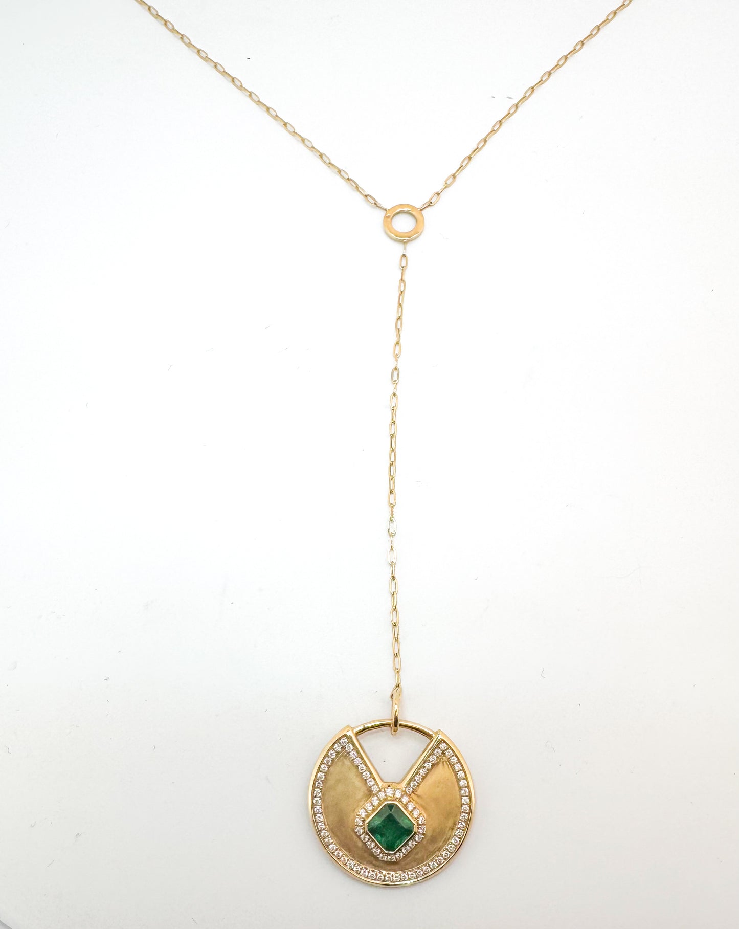 Custom "one of a kind"14k yellow gold natural emerald and diamond pendant.