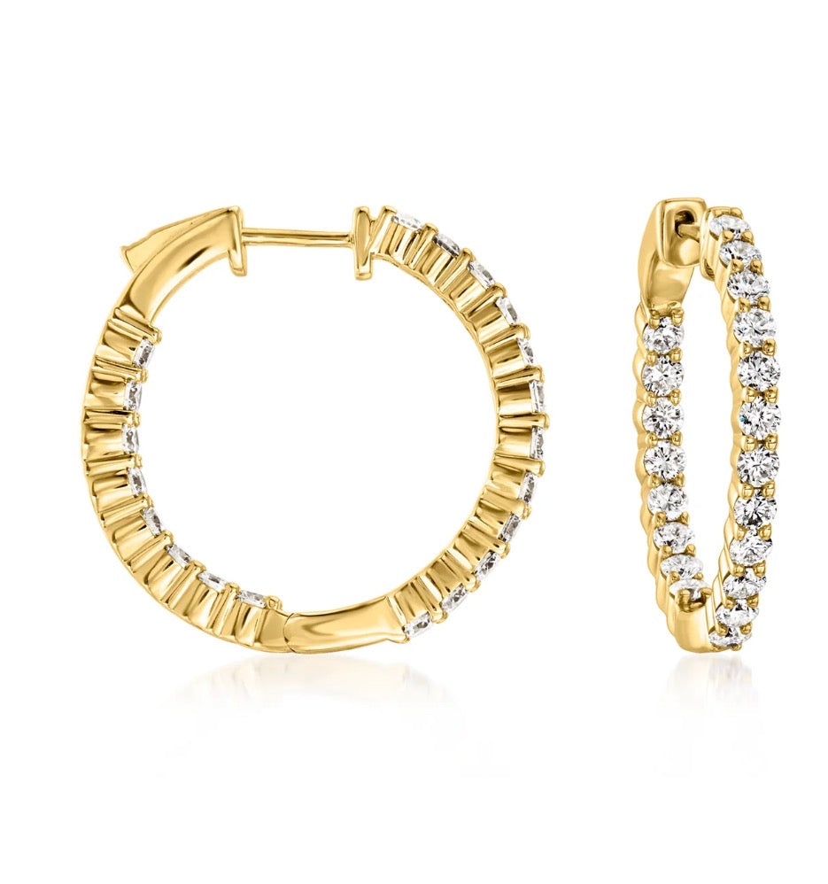 14K, Yellow gold, 2.00 carat total weight, inside out hoop earrings.