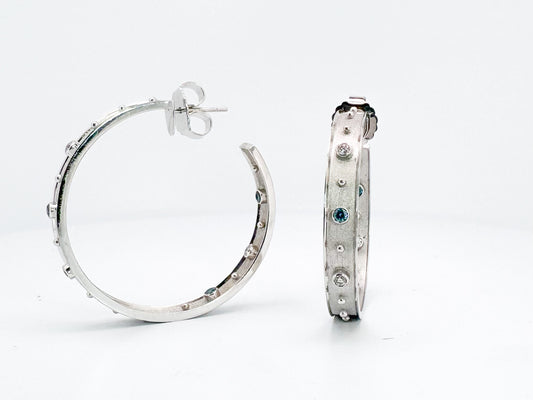 18K, S. Georgios Designer, diamond hoop earrings.