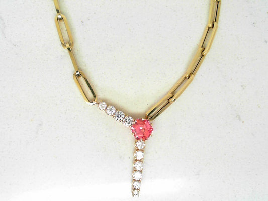 Custom peach sapphire and diamond paperclip necklace