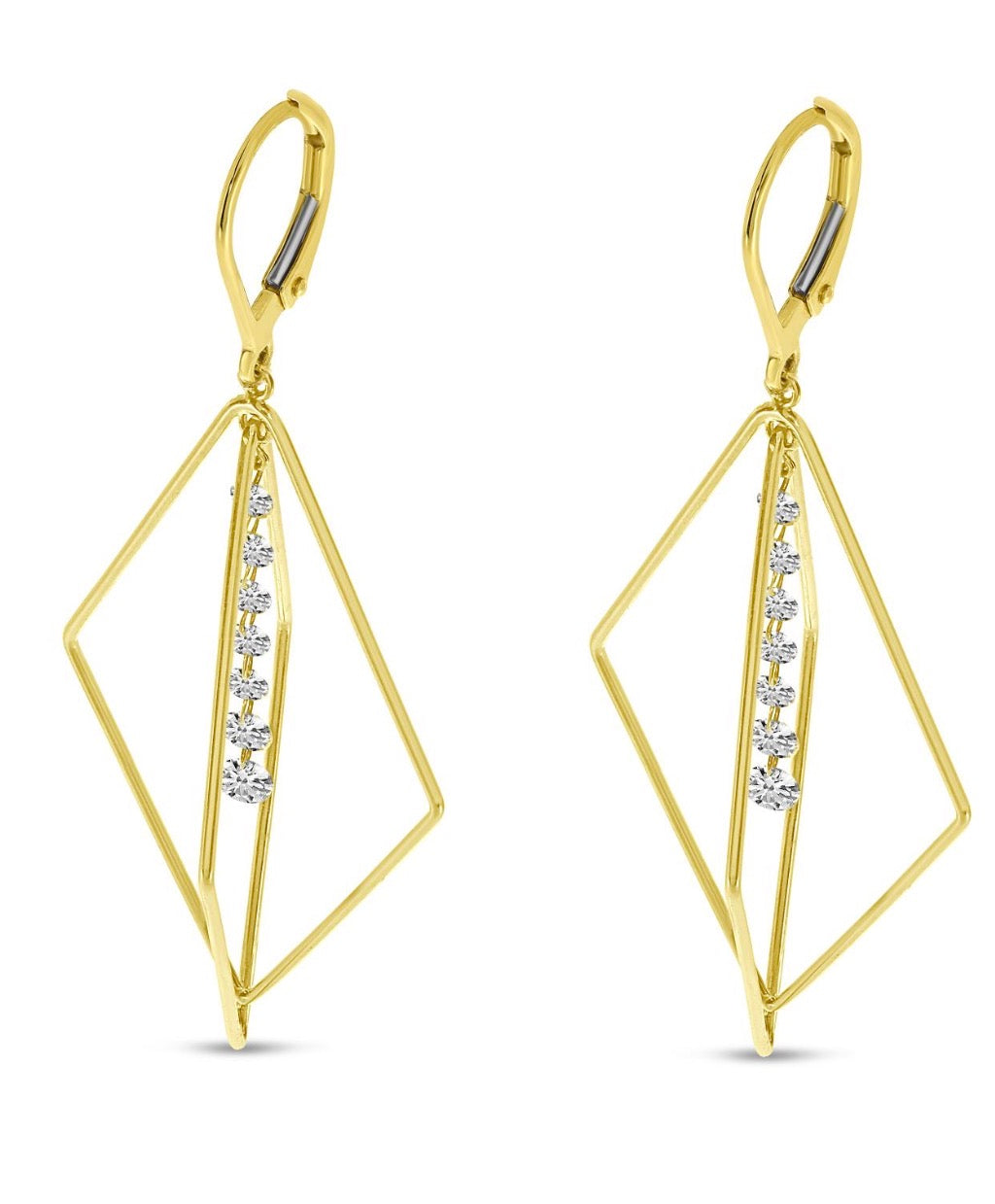 14KY 3-D geometric, natural diamond dangle earrings.