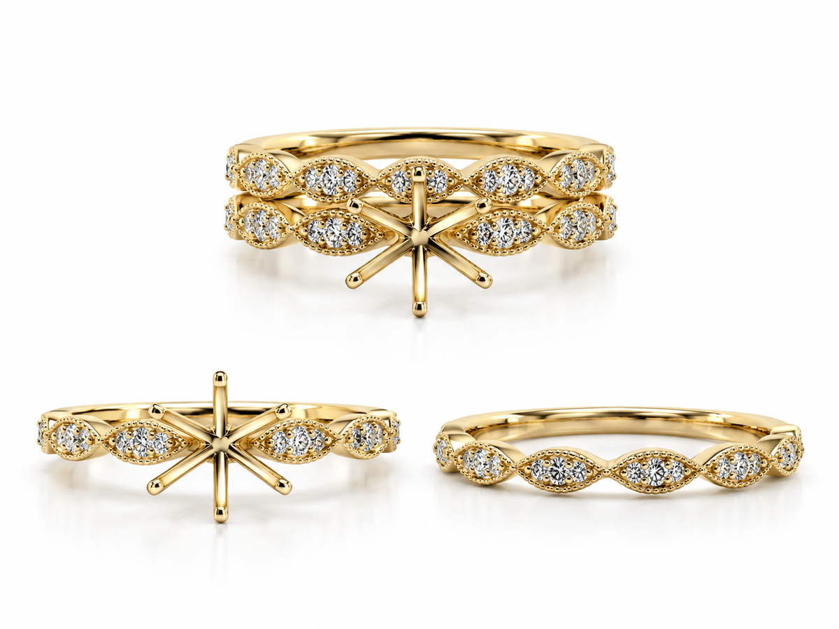 14k, Yellow gold, wedding set. Engagement: 16 diamond total weight. Wedding band .14 diamond total weight .