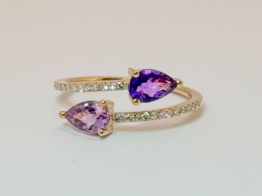 14k, yellow gold, .60 carat total weight Amethyst with .15 diamond total weight side diamond, open concept fashion ring.