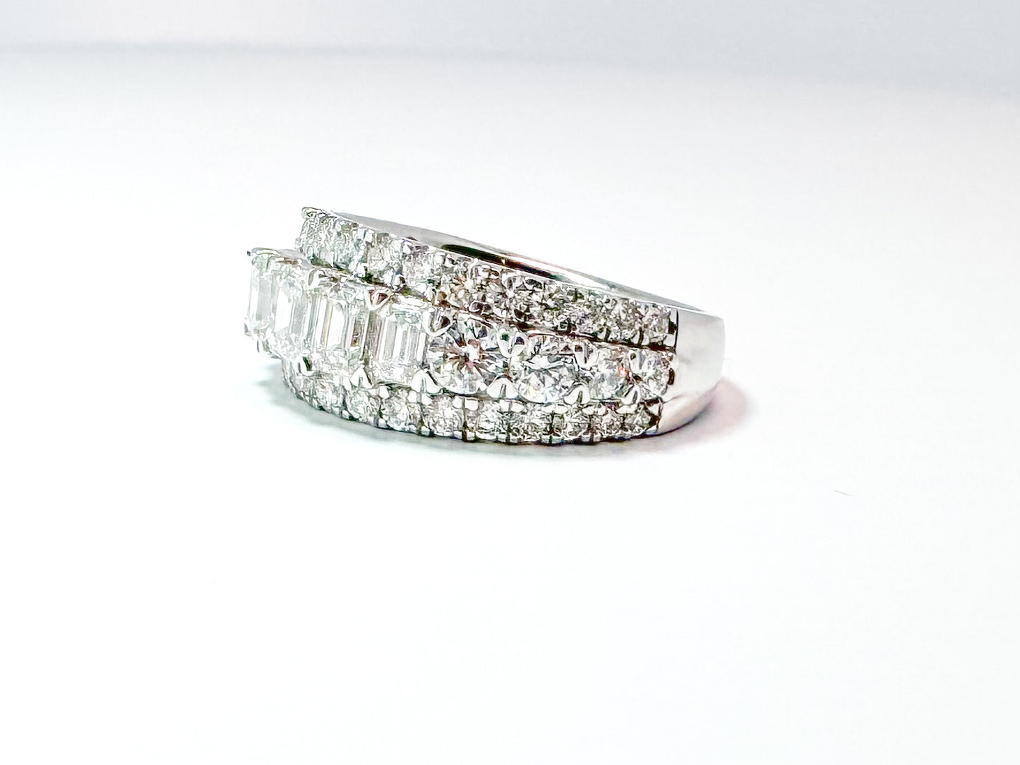 14K white gold 2.51 carat total weight, emerald cut and round brilliant lab grown diamond band SI/VS H-I