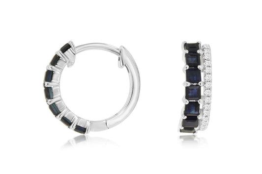 14k, White Gold, .77 carat Sapphire, .09 carat total weight. Sapphire & Diamond Earrings