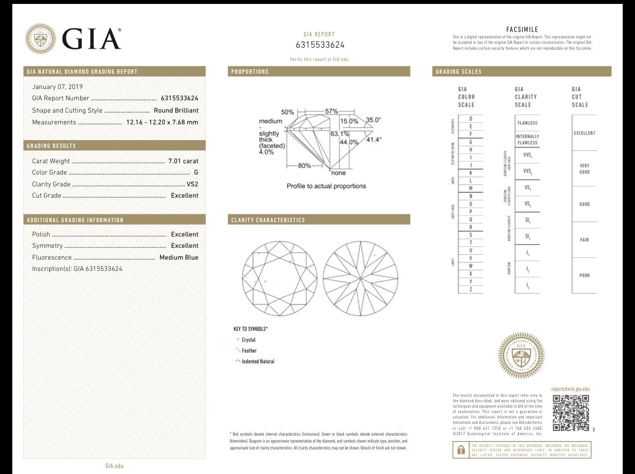 Platinum 7.01 VS2 G Ideal cut round brilliant set with .43 side diamonds GIA CERTIFIED