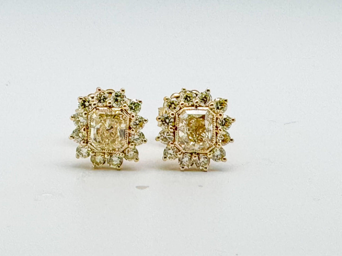 14k, yellow gold Natural fancy yellow custom diamond earrings 2.38 carat total weight.