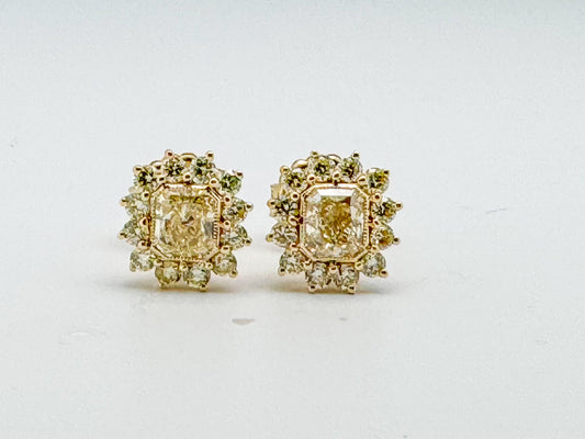 14k, yellow gold Natural fancy yellow custom diamond earrings 2.38 carat total weight.