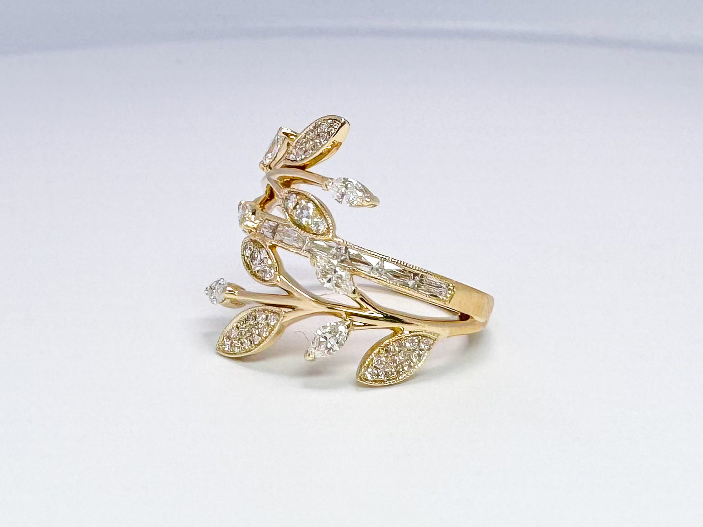 14k, custom diamond leaf, vine fashion ring