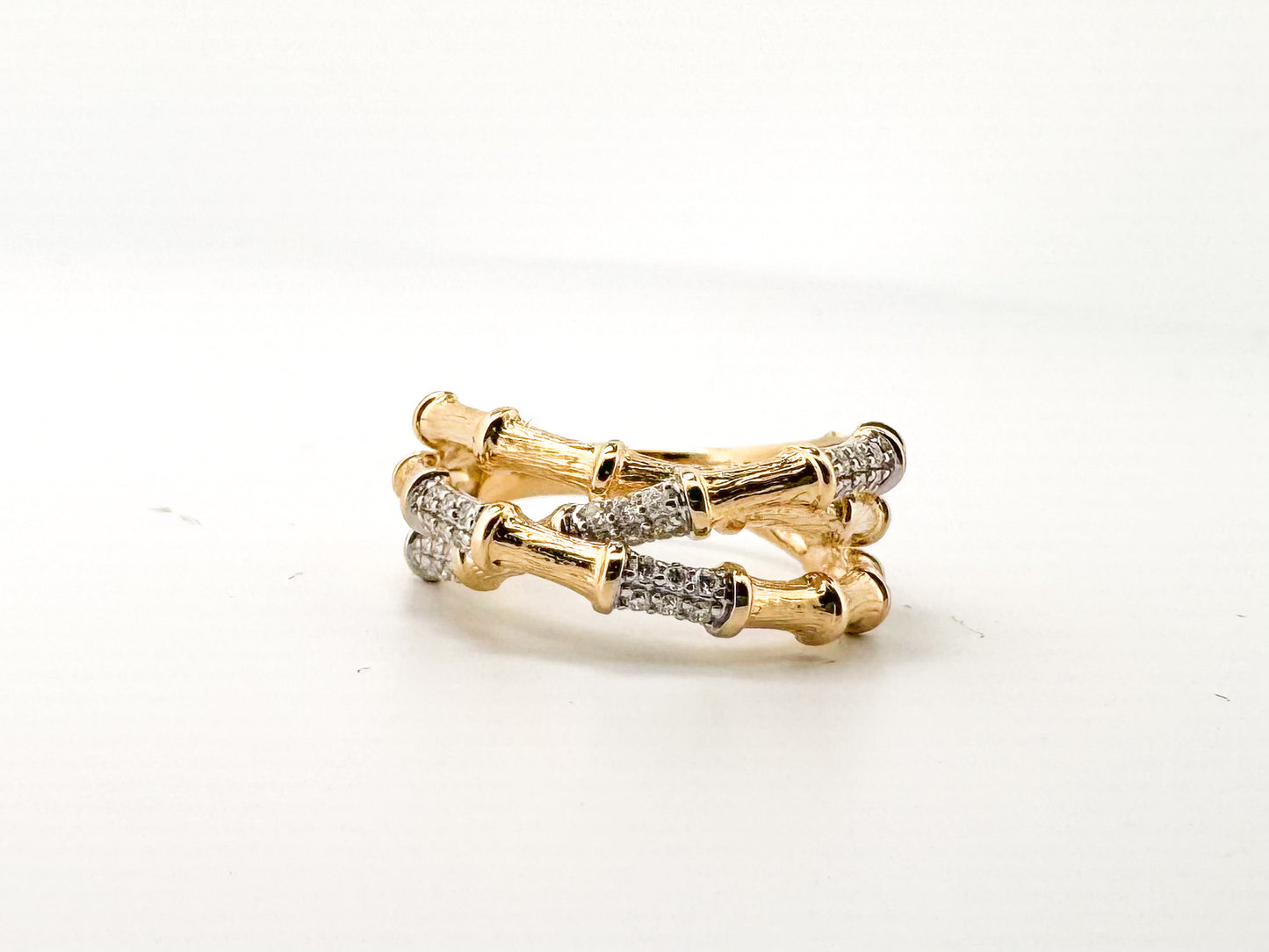 14K,Yellow gold, .20 diamond total weight, bamboo fashion ring.
