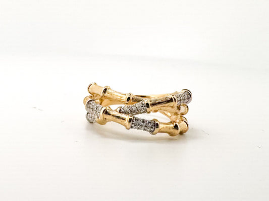 14K,Yellow gold, .20 diamond total weight, bamboo fashion ring.