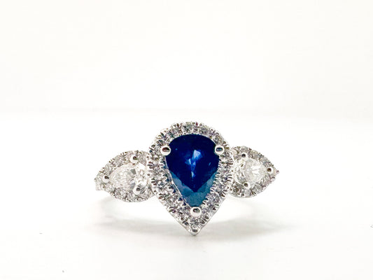 14k, White gold, Natural diamond and sapphire ring.