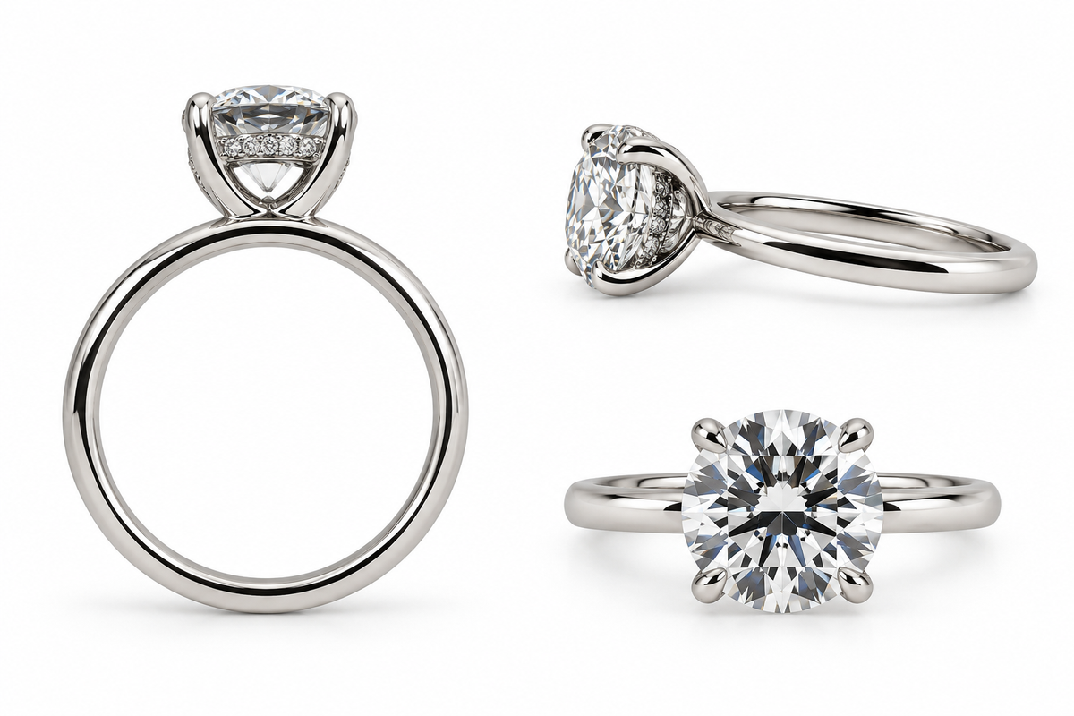 14K, white gold, 3.08 carat, lab grown round brilliant VS1 E. Set with .09 hidden halo side diamonds.