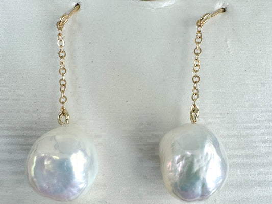 14k, yellow gold Baroque pearl drop earrings.