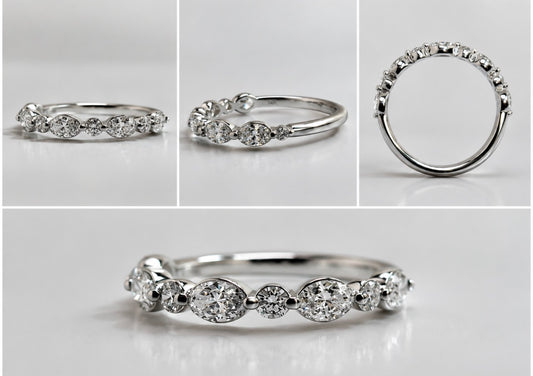 14k, White gold, .80 dtw, natural diamond, oval and round brilliant band.