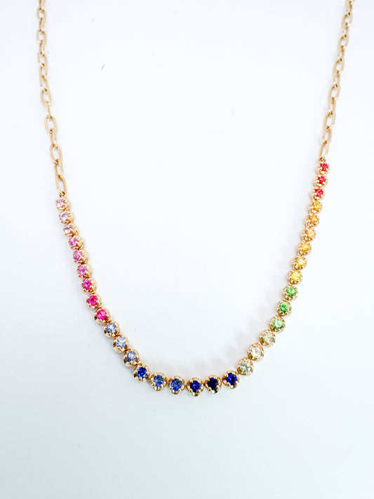 14K,Yellow gold, rainbow sapphire necklace with paperclip chain.
