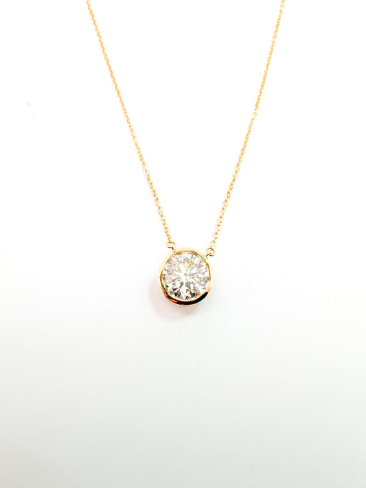 14K, Yellow gold, lab grown, bezel set diamond pendant. 1.00 ct round brilliant