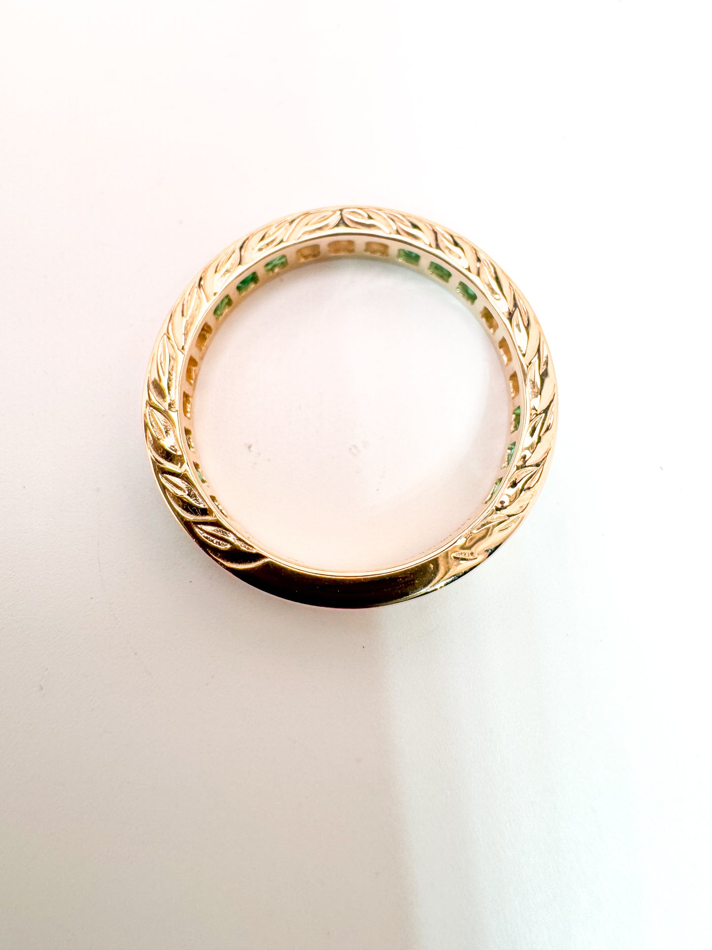 14k, yellow gold, engraved, Natural  Emerald and diamond band.