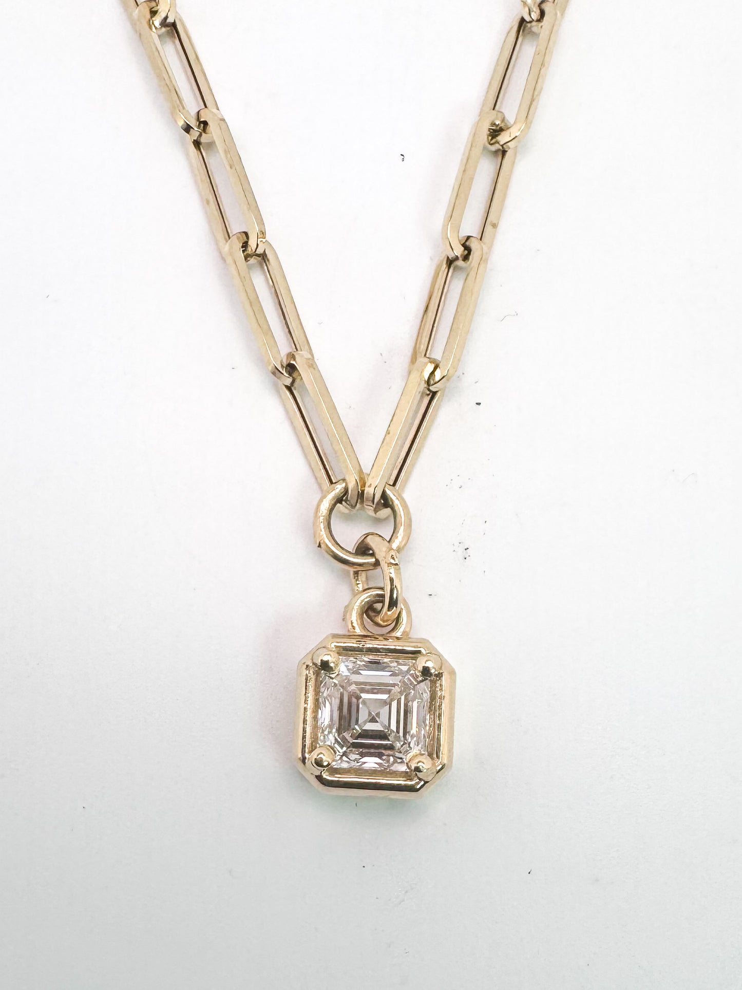 14k, Yellow gold, Asscher cut lab diamnd necklace.
